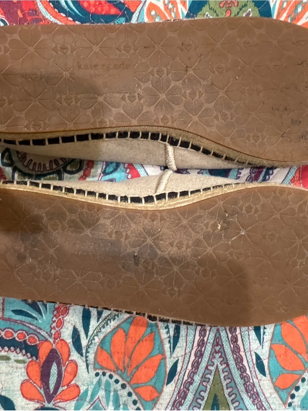 kate spade beige espadrille flats with black stitched heart